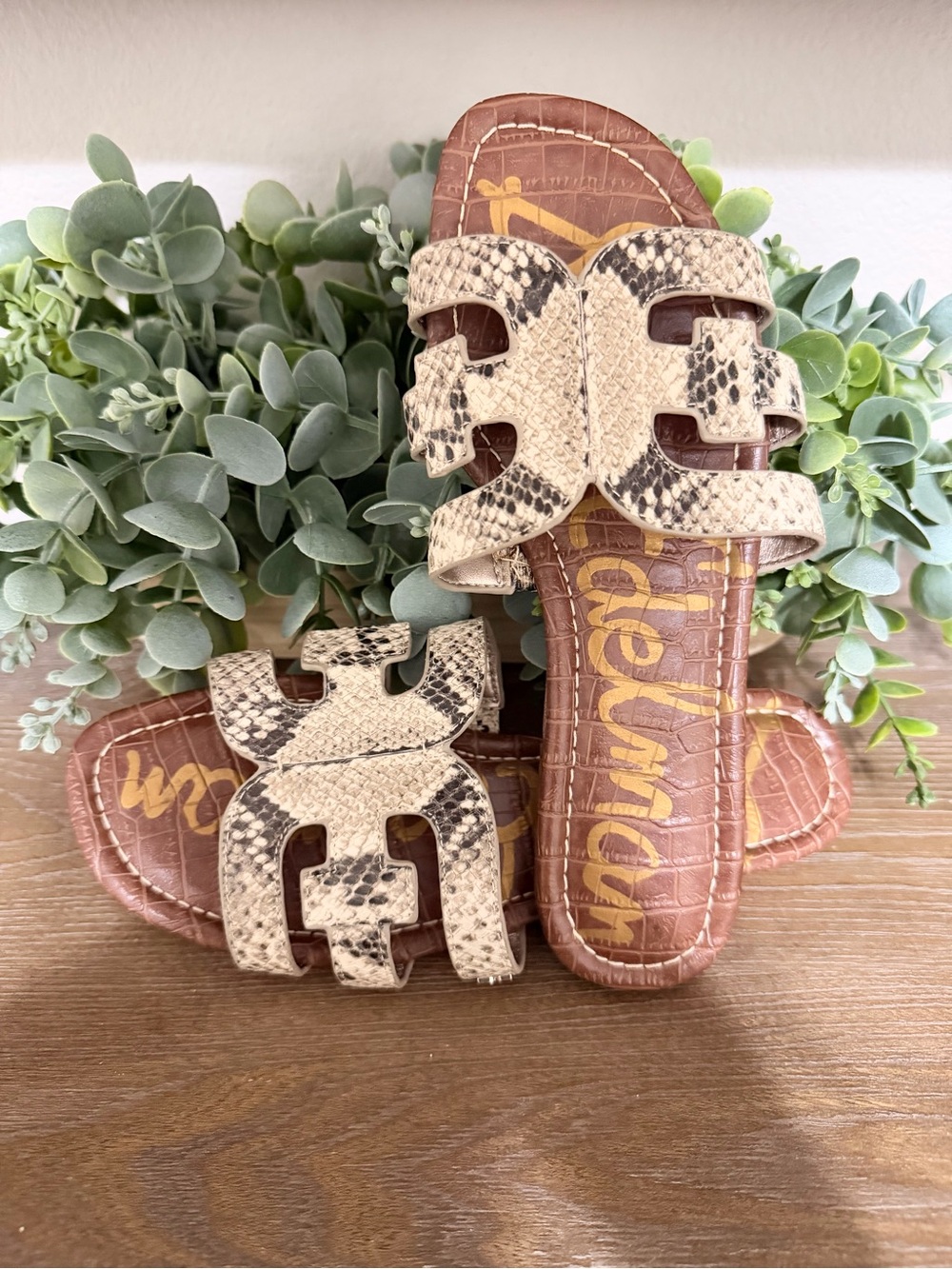 Sam Edelman Beige and Brown Snake-Print Slide Sandals